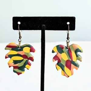 SD Handmade Camouflage Monstera Leaf Polymer Clay Earrings on Brass Hooks